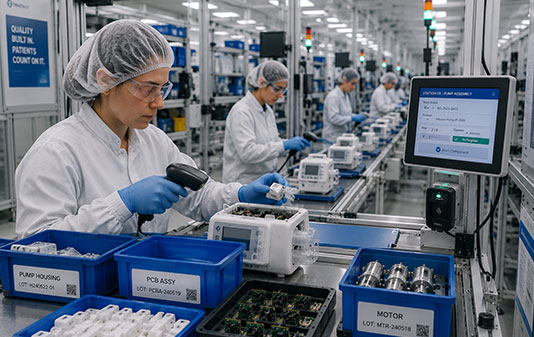 Medical device assembly workstation where an operator scans component lots and assembles an infusion pump while production data is captured in real time.