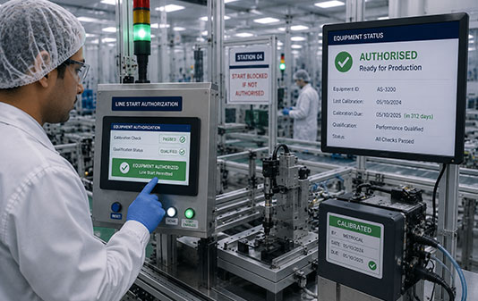 Medical device production workstation verifying equipment calibration and qualification status before authorizing line start in a cleanroom manufacturing environment.