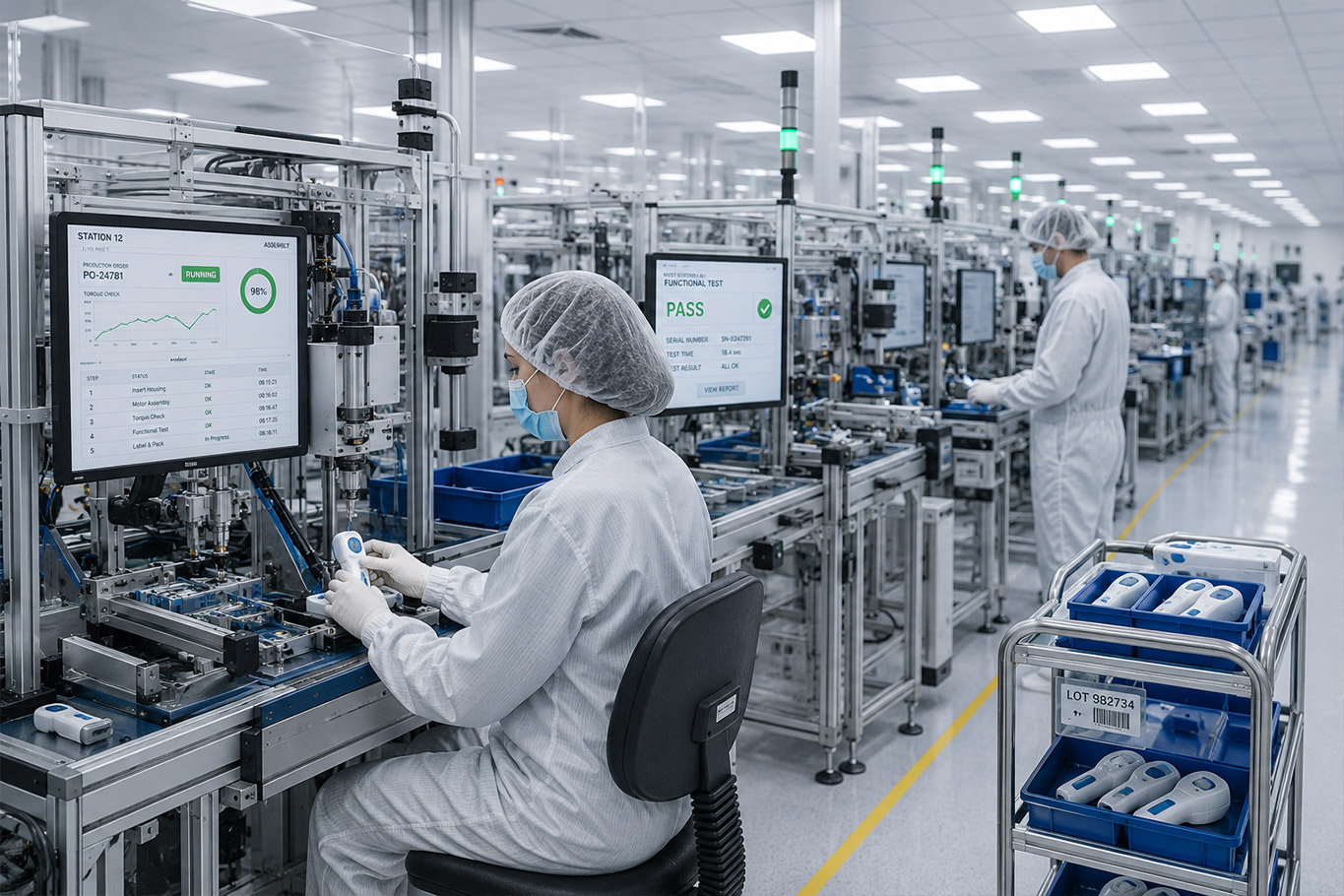 Medical device assembly line with automated production stations, inline test equipment, and operators capturing manufacturing data in a cleanroom environment.